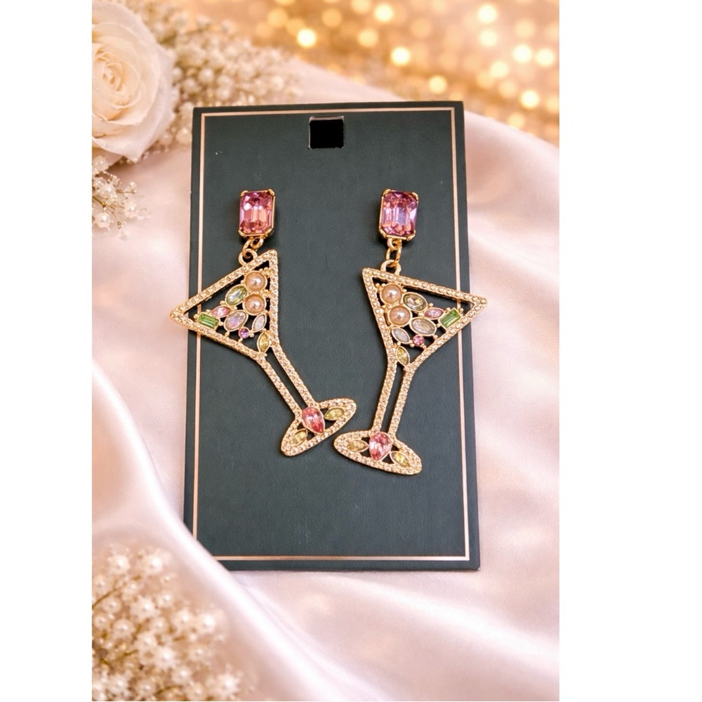 Elegant Gold and Pink Cocktail Martini Earrings